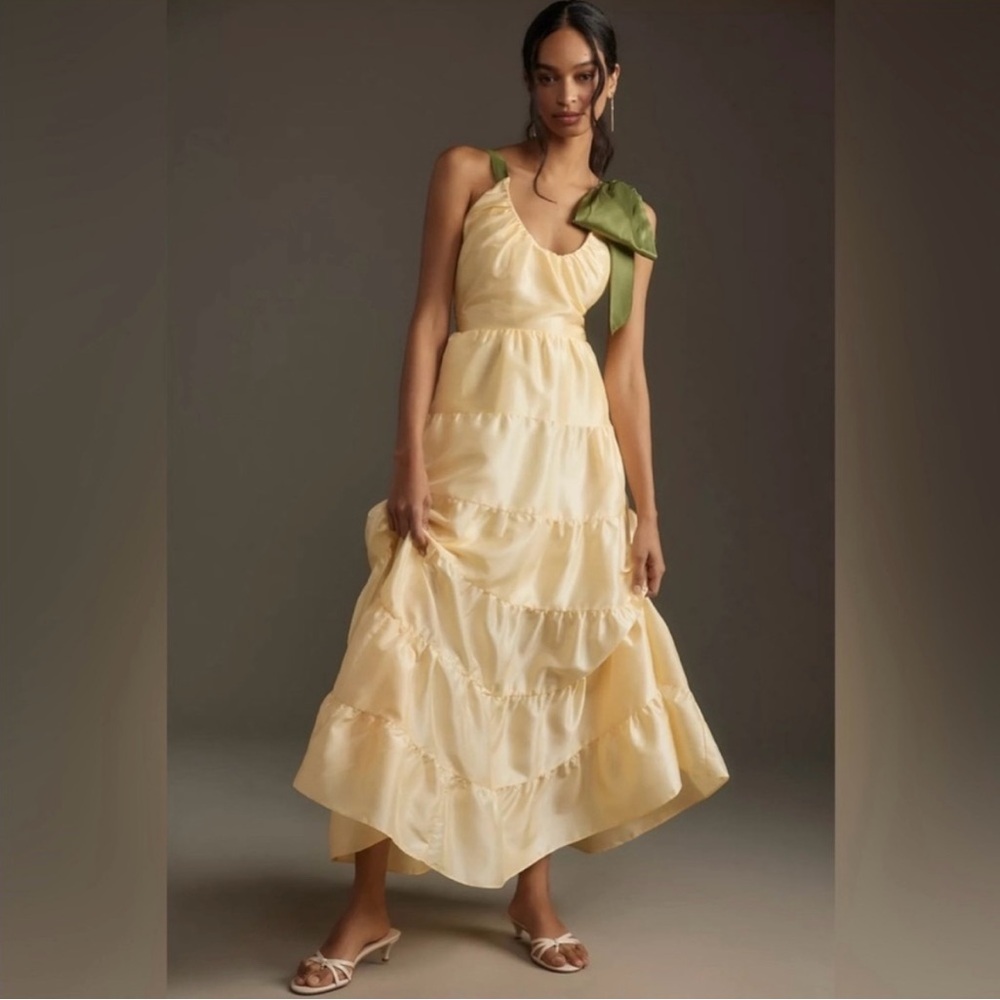 HUTCH Scoop Neck Yellow Tiered One Shoulder Maxi Dress Size Small